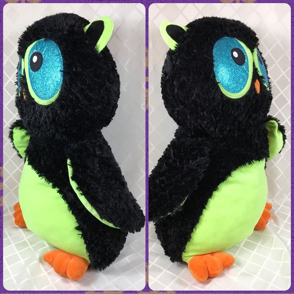 Huge 32" FIESTA Black w Lime Green CHUBBY OWL PLUSH Stuffed Animal Stuffie Toy - Picture 3 of 5